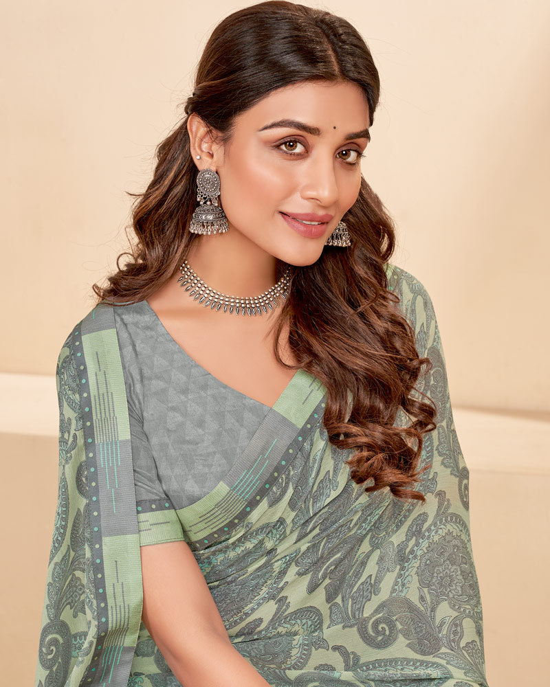 Vishal Prints Mist Green Printed Chiffon Saree With Fancy Border