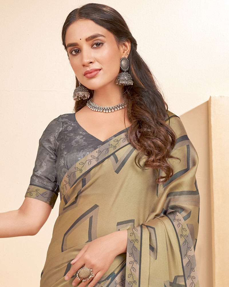 Vishal Prints Fawn Printed Chiffon Saree With Fancy Border