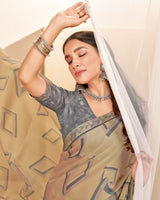 Vishal Prints Fawn Printed Chiffon Saree With Fancy Border