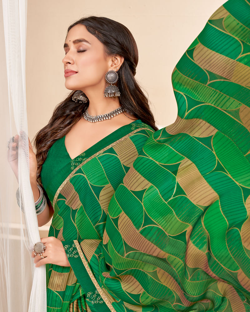 Vishal Prints Dark Green Printed Chiffon Saree With Fancy Border