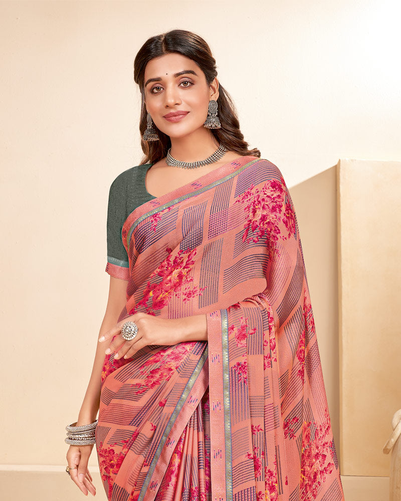 Vishal Prints Peach Printed Chiffon Saree With Fancy Border