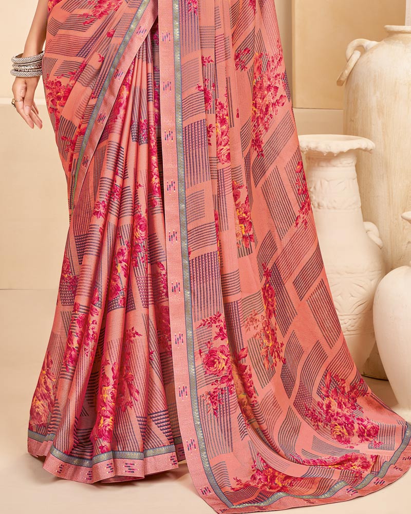 Vishal Prints Peach Printed Chiffon Saree With Fancy Border