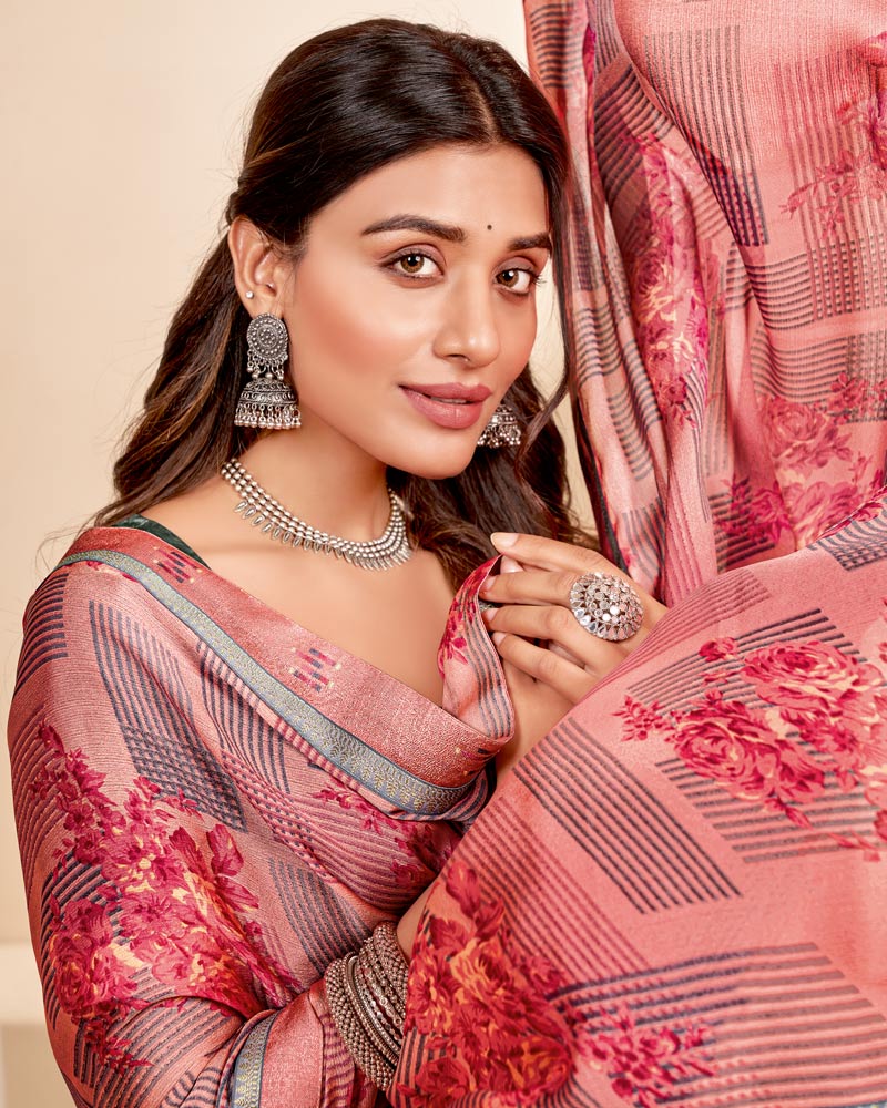 Vishal Prints Peach Printed Chiffon Saree With Fancy Border