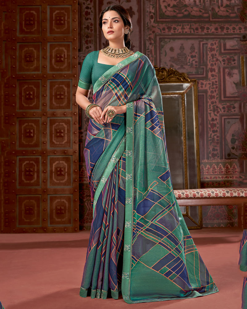 Vishal Prints Rama Green Printed Fancy Chiffon Saree With Border