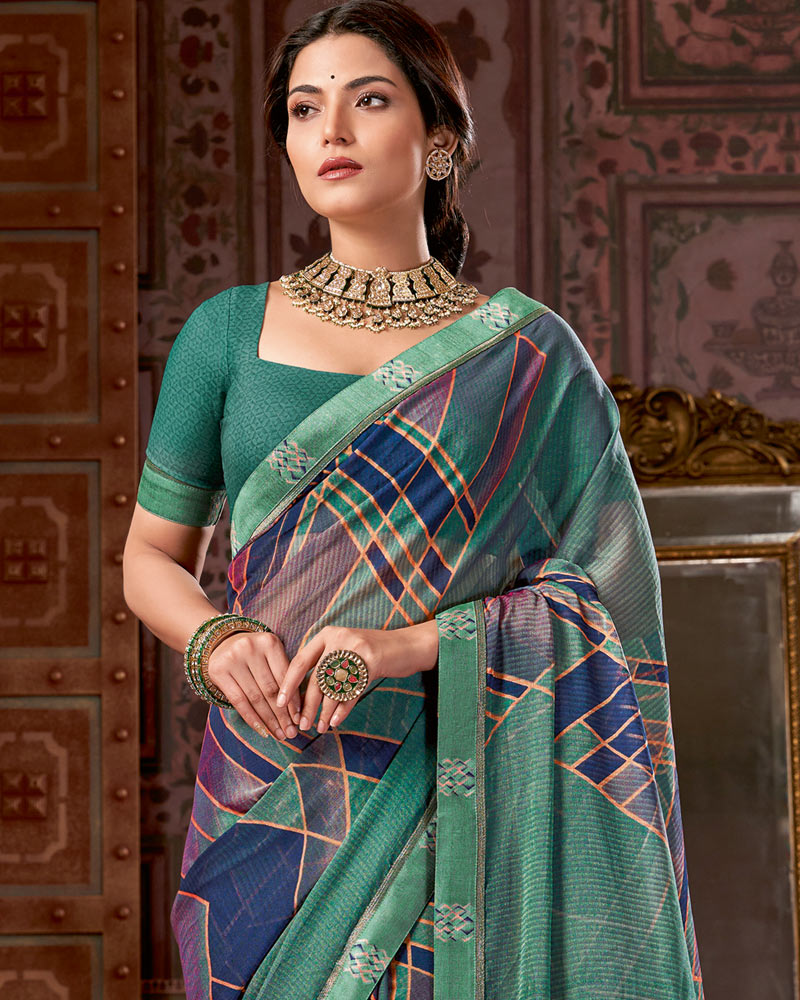 Vishal Prints Rama Green Printed Fancy Chiffon Saree With Border