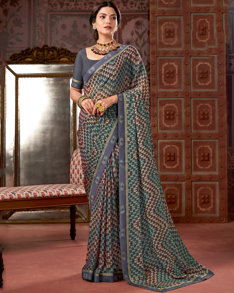Vishal Prints Cool Grey Printed Fancy Chiffon Saree With Border
