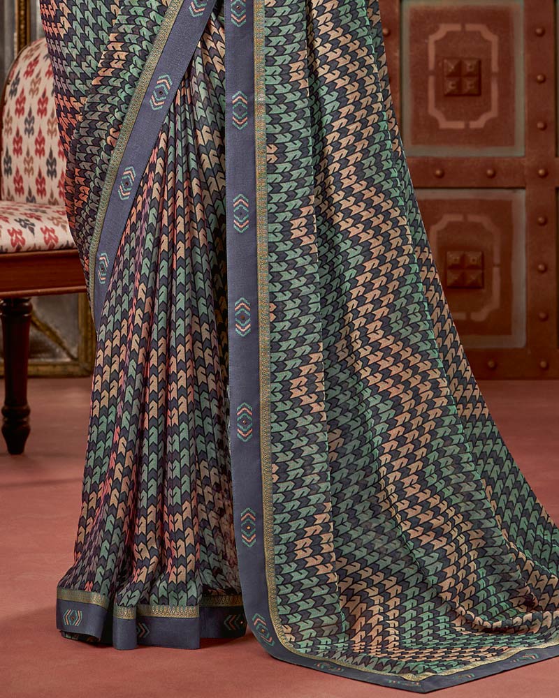 Vishal Prints Cool Grey Printed Fancy Chiffon Saree With Border
