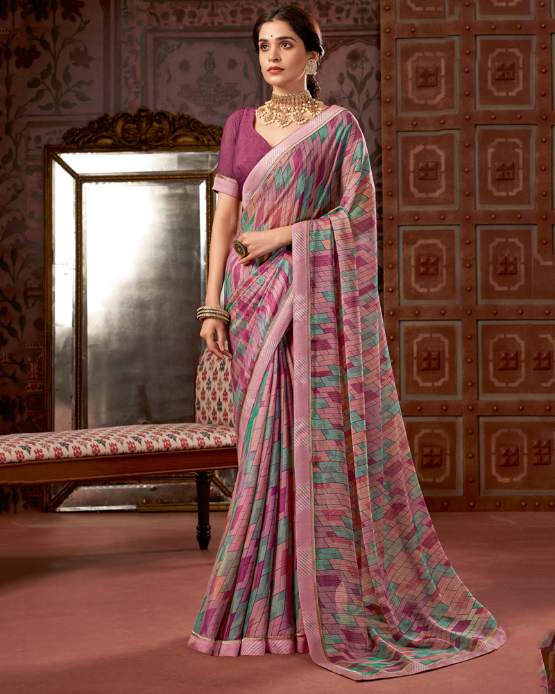 Vishal Prints Dusty Pink Printed Fancy Chiffon Saree With Border
