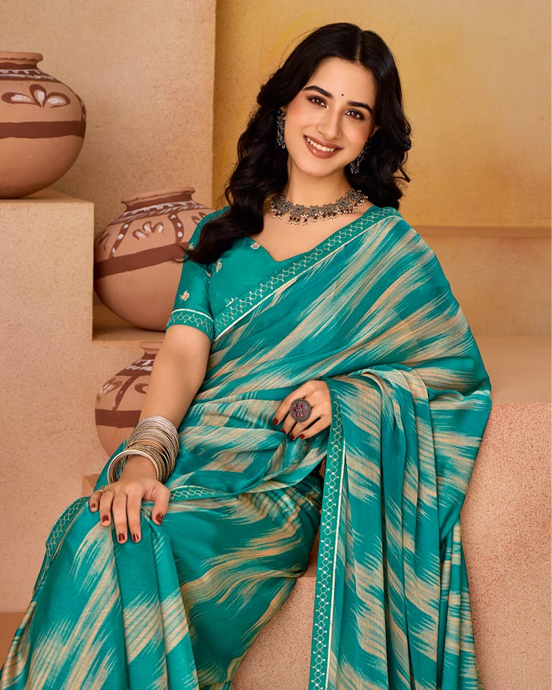 Vishal Prints Surfie Green Printed Fancy Chiffon Saree With Border