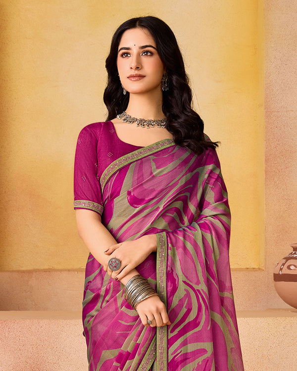 Vishal Prints Dark Fuchsia Printed Fancy Chiffon Saree With Border
