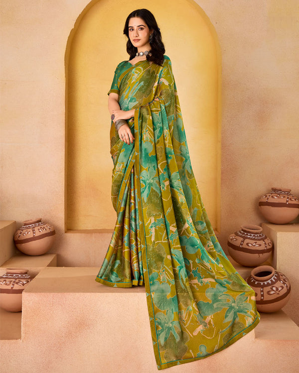 Vishal Prints Mustard Brown Printed Fancy Chiffon Saree With Border