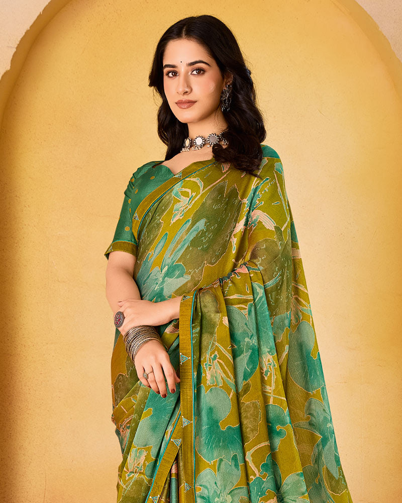 Vishal Prints Mustard Brown Printed Fancy Chiffon Saree With Border