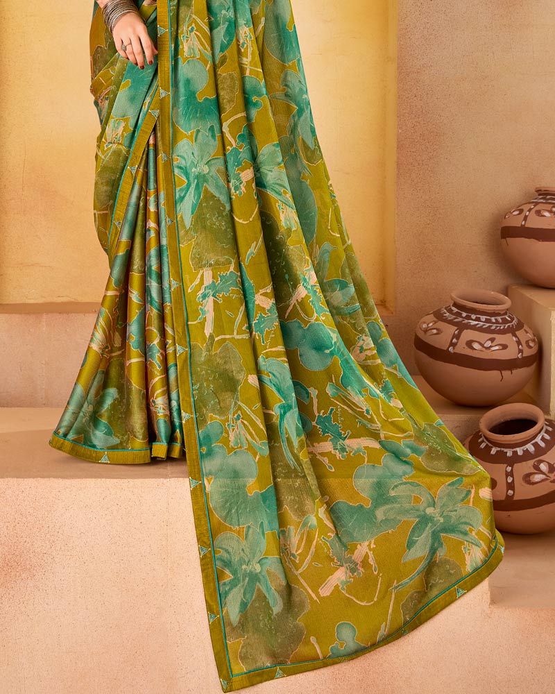 Vishal Prints Mustard Brown Printed Fancy Chiffon Saree With Border