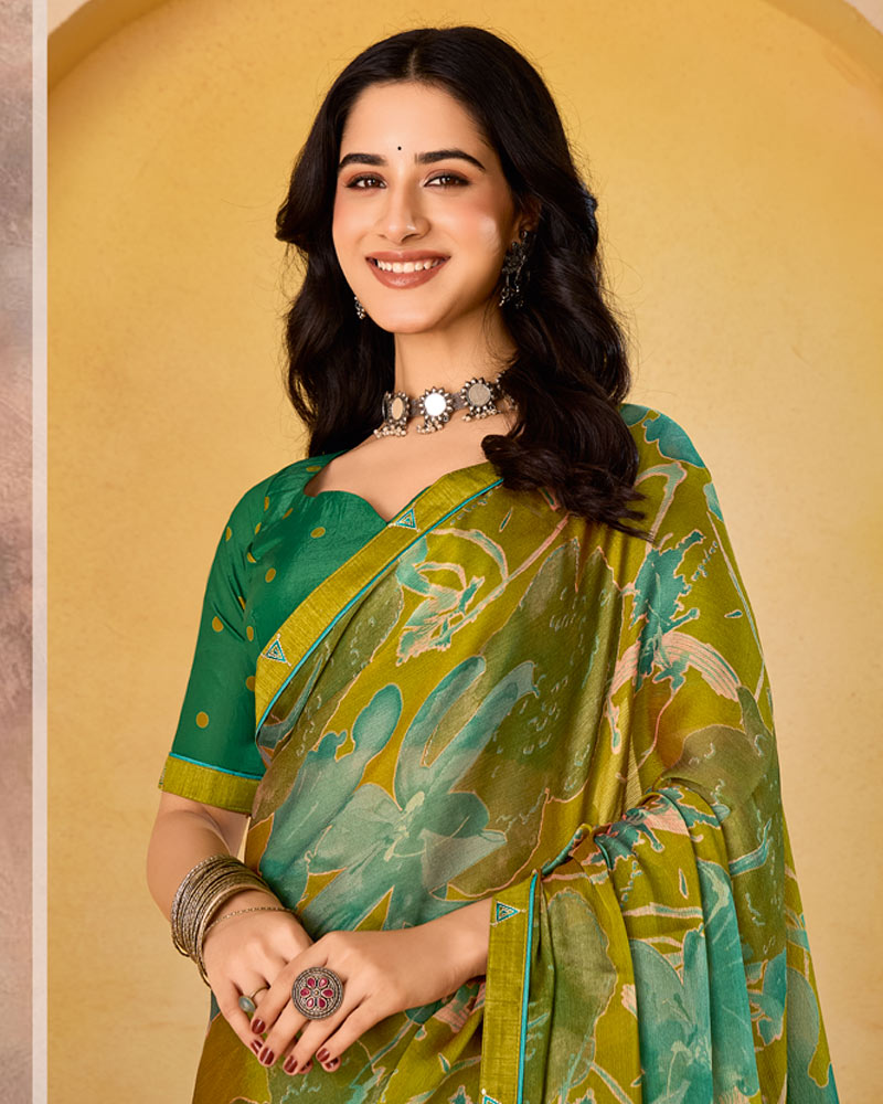 Vishal Prints Mustard Brown Printed Fancy Chiffon Saree With Border
