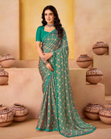 Vishal Prints Persian Green And Pale Taupe Printed Fancy Chiffon Saree With Border