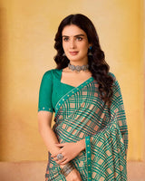 Vishal Prints Persian Green And Pale Taupe Printed Fancy Chiffon Saree With Border