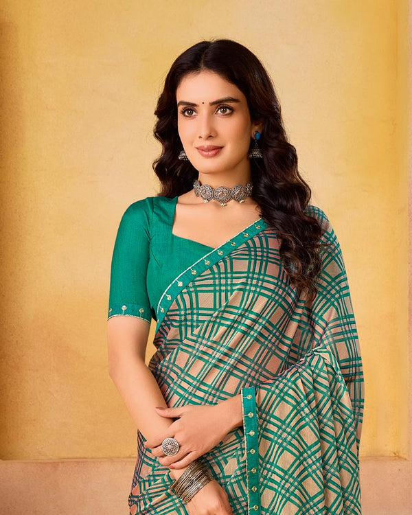 Vishal Prints Persian Green And Pale Taupe Printed Fancy Chiffon Saree With Border