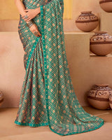 Vishal Prints Persian Green And Pale Taupe Printed Fancy Chiffon Saree With Border