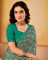 Vishal Prints Persian Green And Pale Taupe Printed Fancy Chiffon Saree With Border