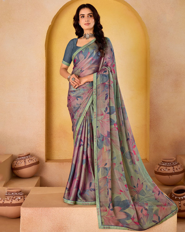 Vishal Prints Greyish Pink Printed Fancy Chiffon Saree With Border