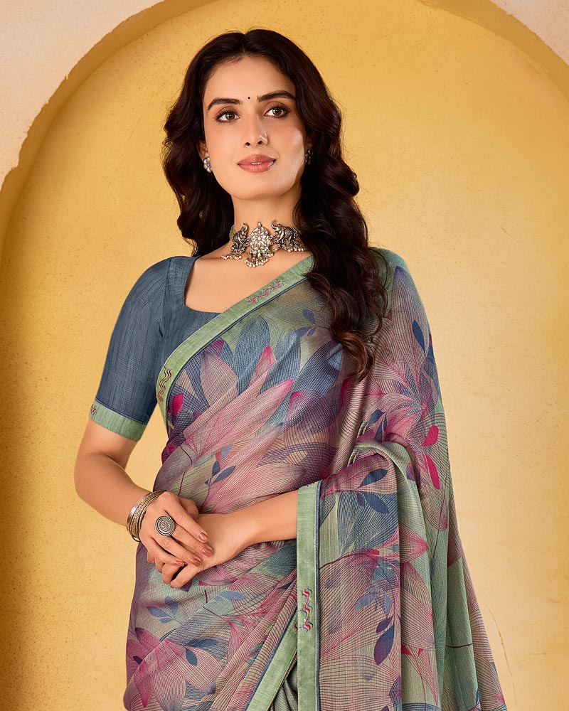 Vishal Prints Greyish Pink Printed Fancy Chiffon Saree With Border