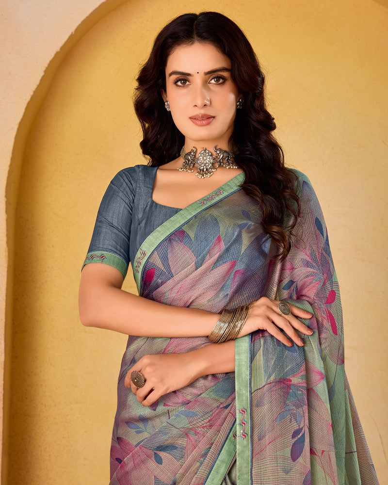 Vishal Prints Greyish Pink Printed Fancy Chiffon Saree With Border
