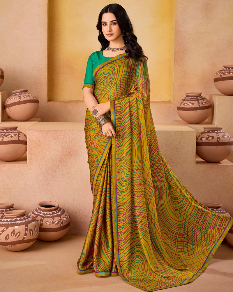 Vishal Prints Dark Mustard Printed Fancy Chiffon Saree With Border