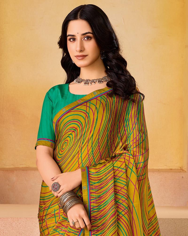 Vishal Prints Dark Mustard Printed Fancy Chiffon Saree With Border