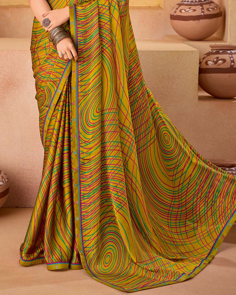 Vishal Prints Dark Mustard Printed Fancy Chiffon Saree With Border