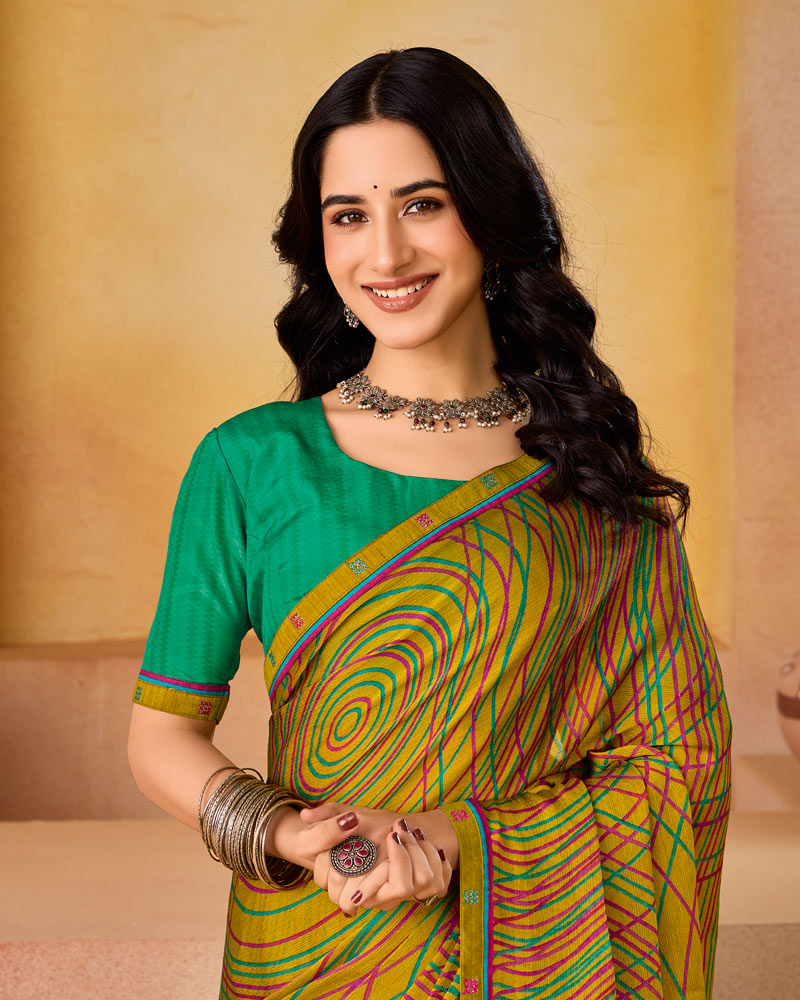 Vishal Prints Dark Mustard Printed Fancy Chiffon Saree With Border