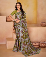 Vishal Prints Green Brown And Silver Printed Fancy Chiffon Saree With Border