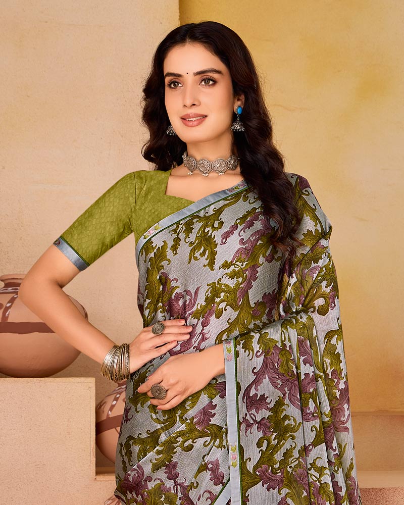 Vishal Prints Green Brown And Silver Printed Fancy Chiffon Saree With Border