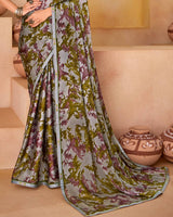 Vishal Prints Green Brown And Silver Printed Fancy Chiffon Saree With Border