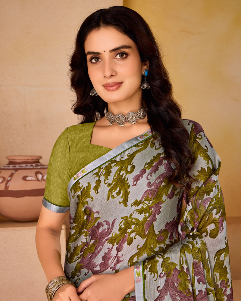 Vishal Prints Green Brown And Silver Printed Fancy Chiffon Saree With Border