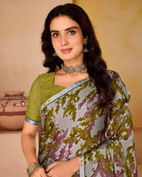 Vishal Prints Green Brown And Silver Printed Fancy Chiffon Saree With Border
