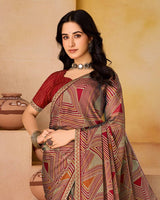 Vishal Prints French Beige And Brick Red Printed Fancy Chiffon Saree With Border