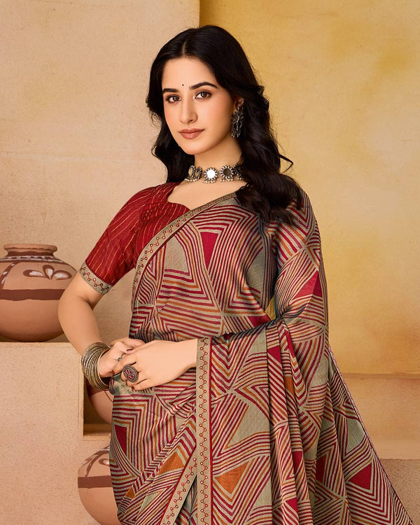 Vishal Prints French Beige And Brick Red Printed Fancy Chiffon Saree With Border