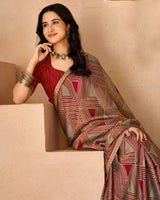 Vishal Prints French Beige And Brick Red Printed Fancy Chiffon Saree With Border