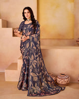 Vishal Prints Dark Greyish Blue Printed Fancy Chiffon Saree With Border