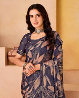 Vishal Prints Dark Greyish Blue Printed Fancy Chiffon Saree With Border