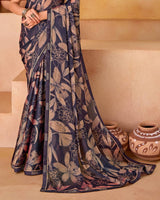 Vishal Prints Dark Greyish Blue Printed Fancy Chiffon Saree With Border
