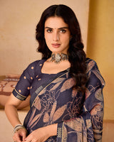 Vishal Prints Dark Greyish Blue Printed Fancy Chiffon Saree With Border