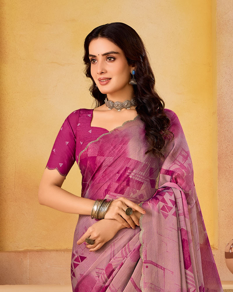 Vishal Prints Dusty Pink Printed Fancy Chiffon Saree With Cut Work Border