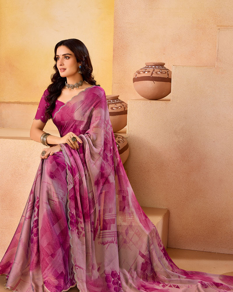 Vishal Prints Dusty Pink Printed Fancy Chiffon Saree With Cut Work Border