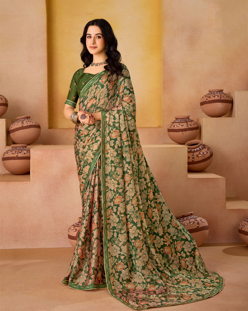 Vishal Prints Lunar Green Printed Fancy Chiffon Saree With Border