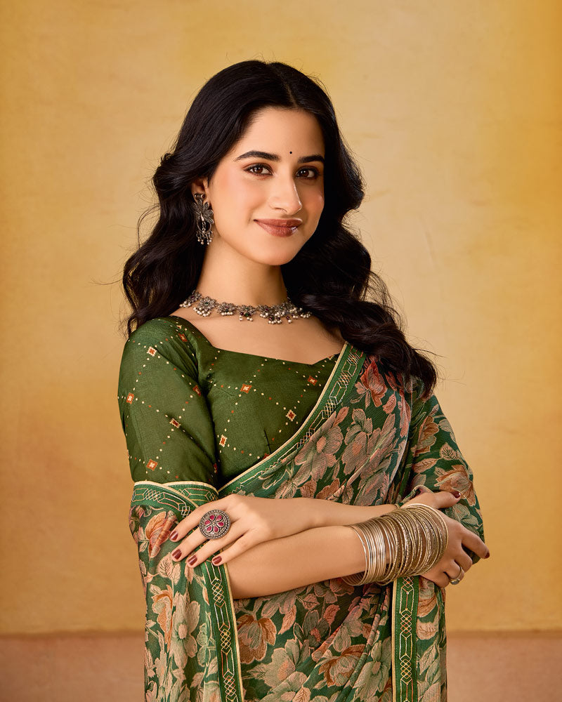 Vishal Prints Lunar Green Printed Fancy Chiffon Saree With Border