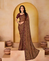Vishal Prints Reddish Brown Printed Fancy Chiffon Saree With Border