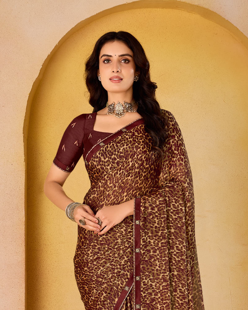 Vishal Prints Reddish Brown Printed Fancy Chiffon Saree With Border