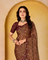 Vishal Prints Reddish Brown Printed Fancy Chiffon Saree With Border