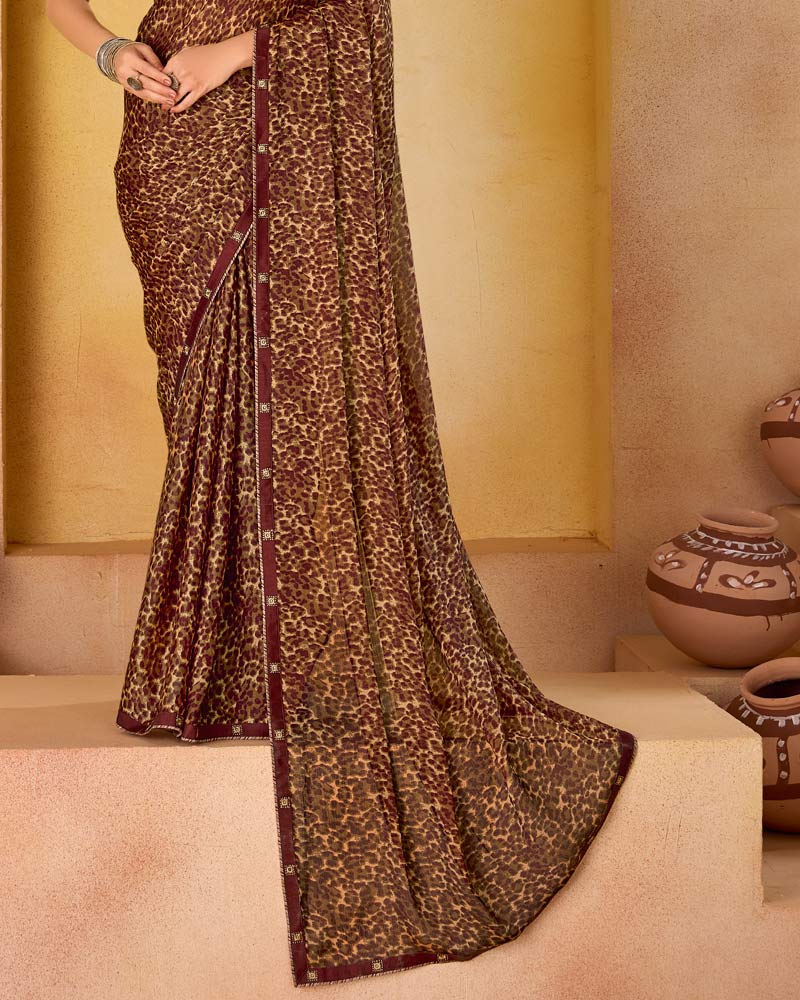 Vishal Prints Reddish Brown Printed Fancy Chiffon Saree With Border